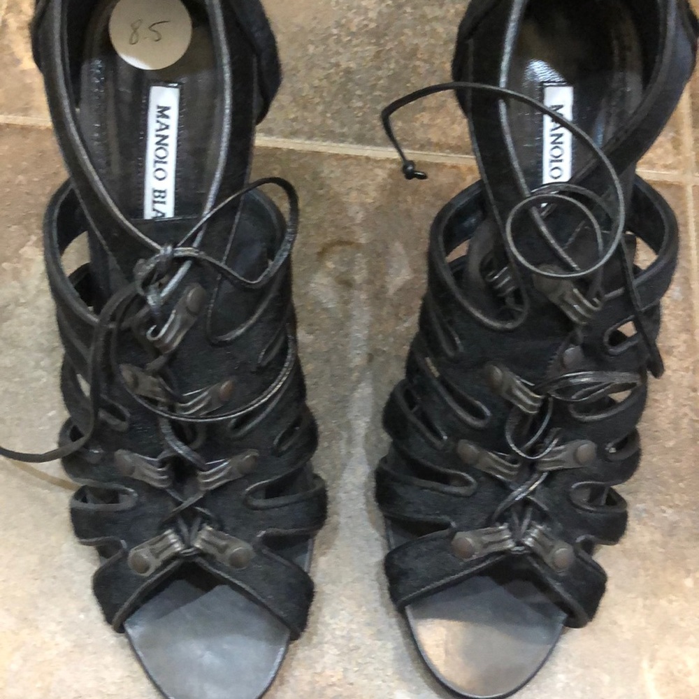 Manolo Blahnik black calf hair tie heels